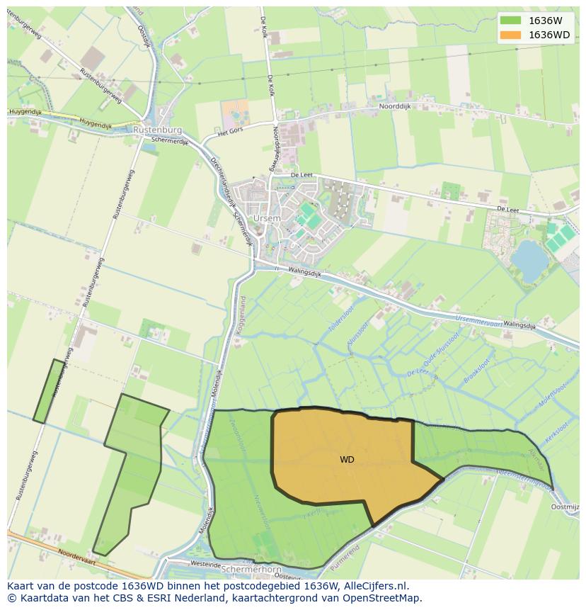 Afbeelding van het postcodegebied 1636 WD op de kaart.