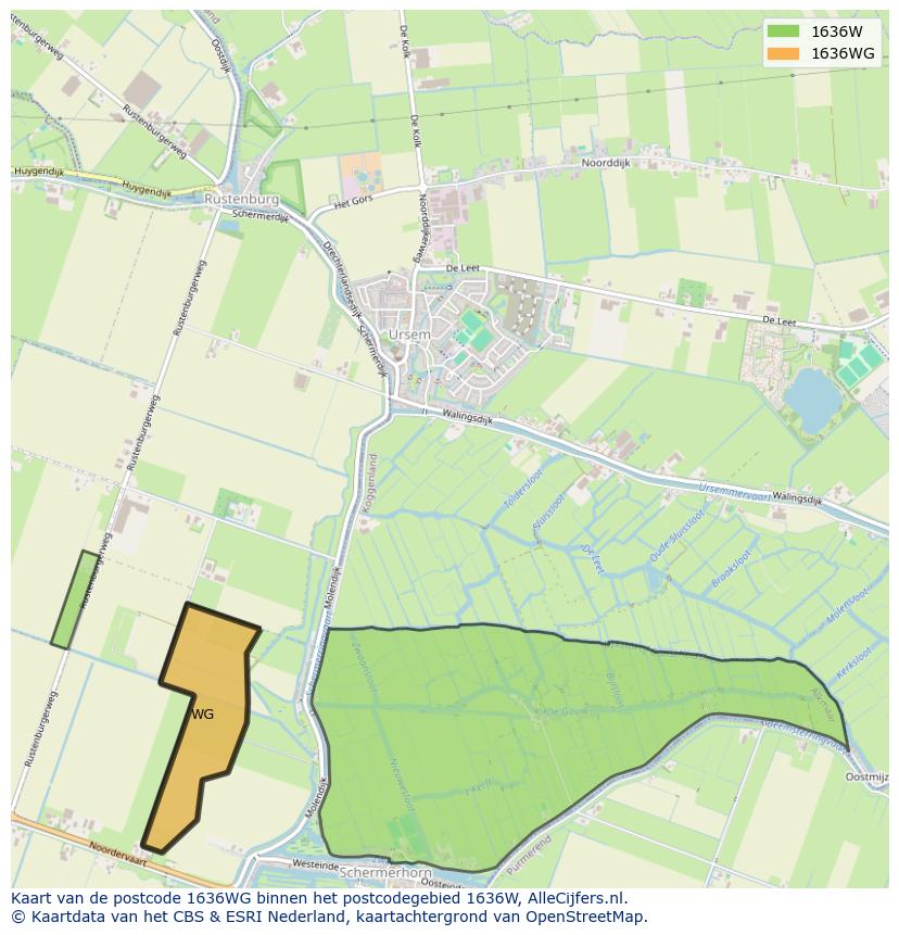 Afbeelding van het postcodegebied 1636 WG op de kaart.