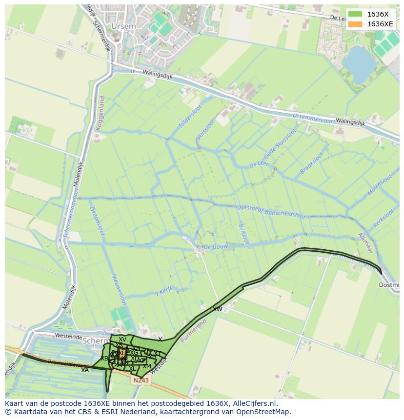 Afbeelding van het postcodegebied 1636 XE op de kaart.