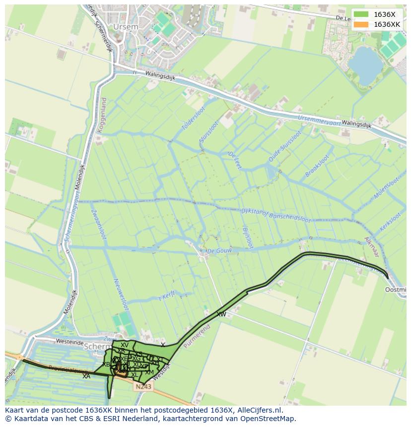 Afbeelding van het postcodegebied 1636 XK op de kaart.