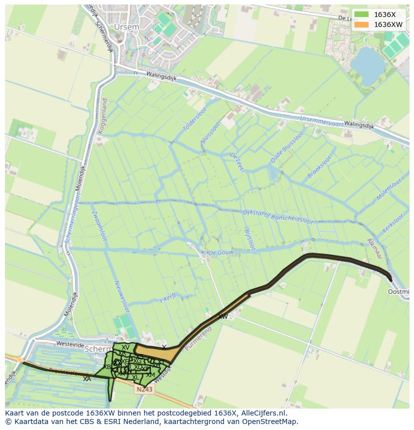 Afbeelding van het postcodegebied 1636 XW op de kaart.