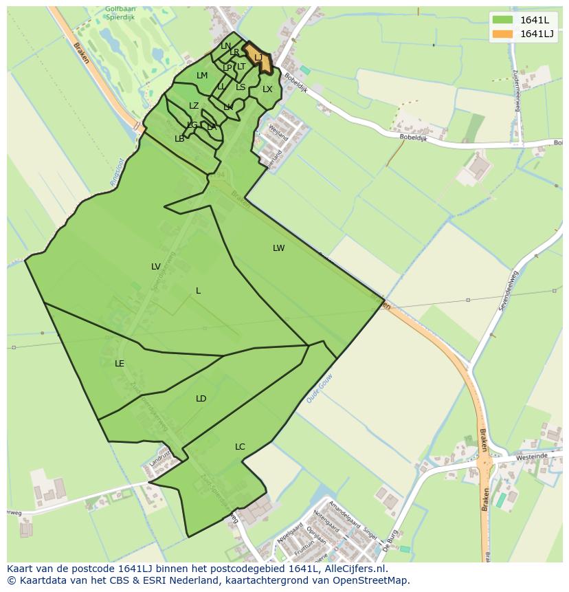 Afbeelding van het postcodegebied 1641 LJ op de kaart.