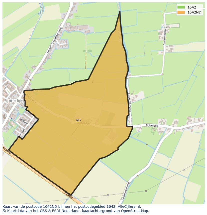 Afbeelding van het postcodegebied 1642 ND op de kaart.