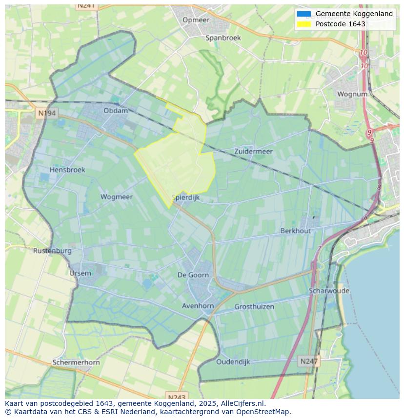 Afbeelding van het postcodegebied 1643 op de kaart.