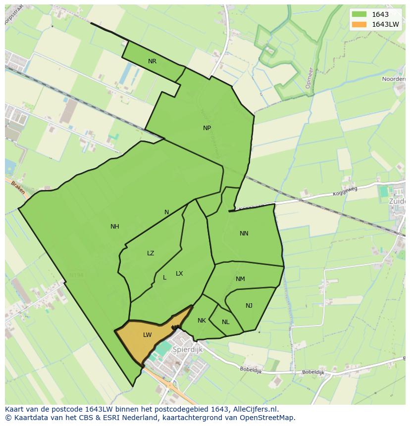 Afbeelding van het postcodegebied 1643 LW op de kaart.