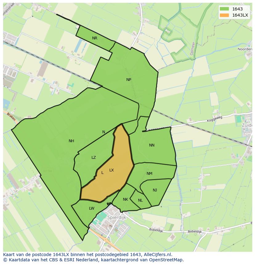 Afbeelding van het postcodegebied 1643 LX op de kaart.