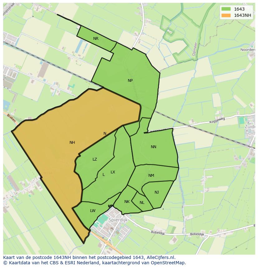 Afbeelding van het postcodegebied 1643 NH op de kaart.