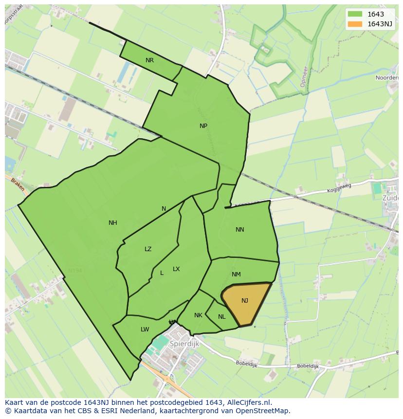 Afbeelding van het postcodegebied 1643 NJ op de kaart.