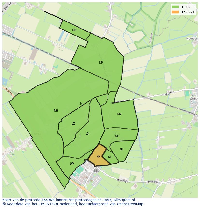 Afbeelding van het postcodegebied 1643 NK op de kaart.