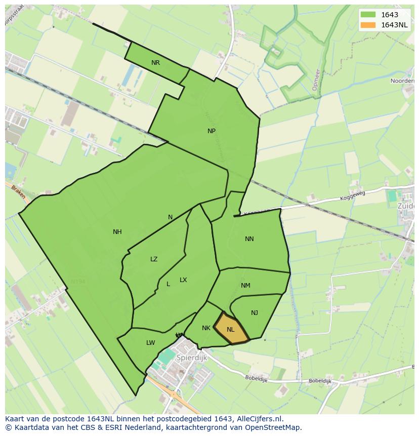 Afbeelding van het postcodegebied 1643 NL op de kaart.