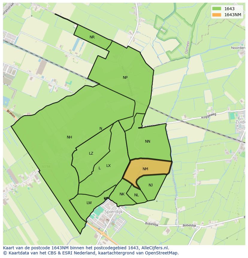Afbeelding van het postcodegebied 1643 NM op de kaart.