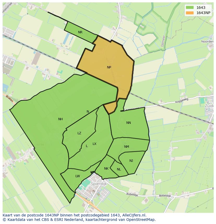 Afbeelding van het postcodegebied 1643 NP op de kaart.