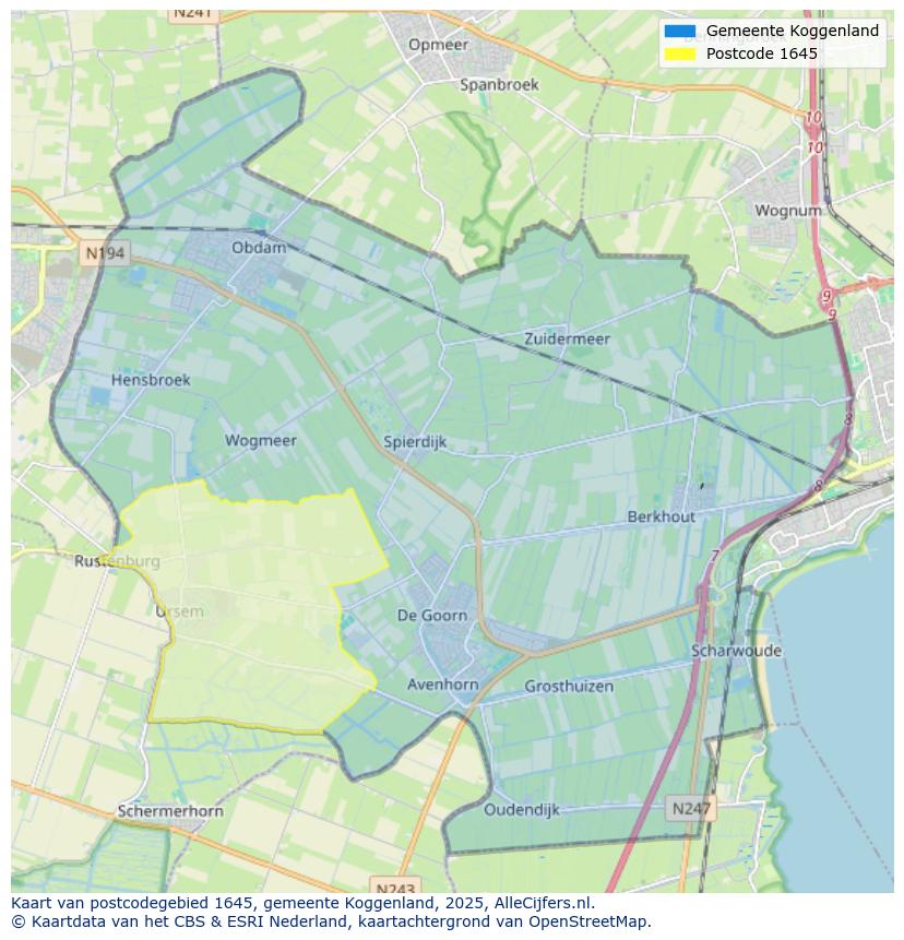 Afbeelding van het postcodegebied 1645 op de kaart.