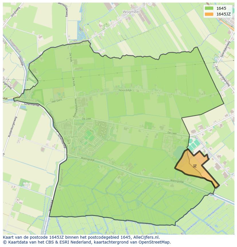 Afbeelding van het postcodegebied 1645 JZ op de kaart.