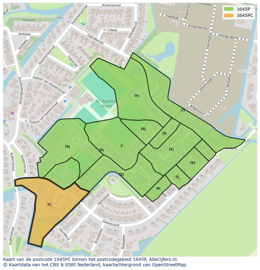 Afbeelding van het postcodegebied 1645 PC op de kaart.