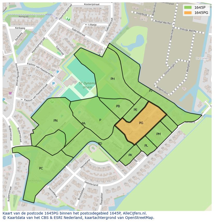Afbeelding van het postcodegebied 1645 PG op de kaart.
