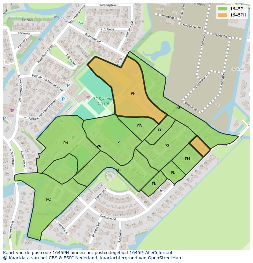 Afbeelding van het postcodegebied 1645 PH op de kaart.