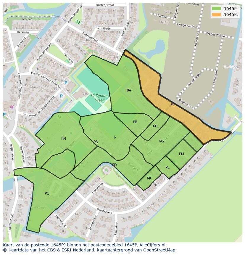 Afbeelding van het postcodegebied 1645 PJ op de kaart.