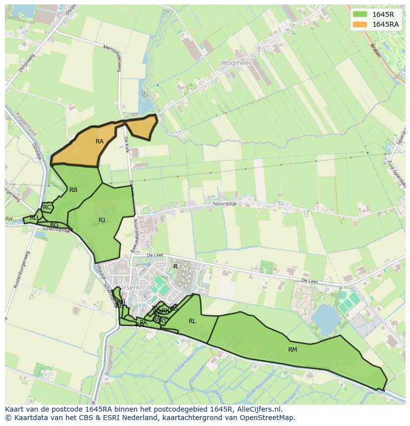 Afbeelding van het postcodegebied 1645 RA op de kaart.