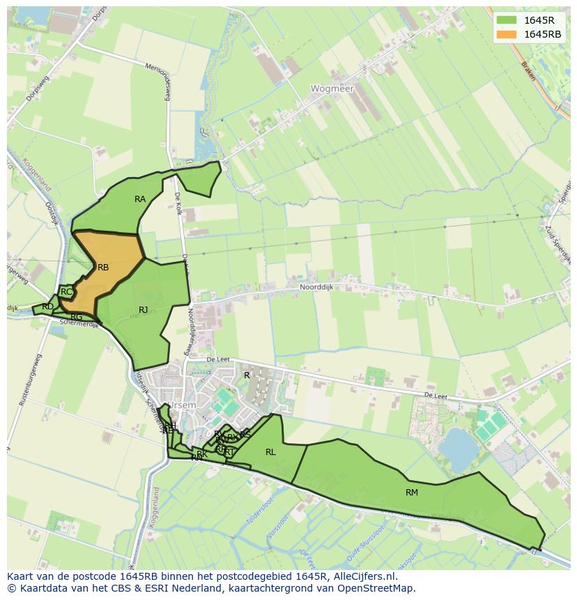 Afbeelding van het postcodegebied 1645 RB op de kaart.