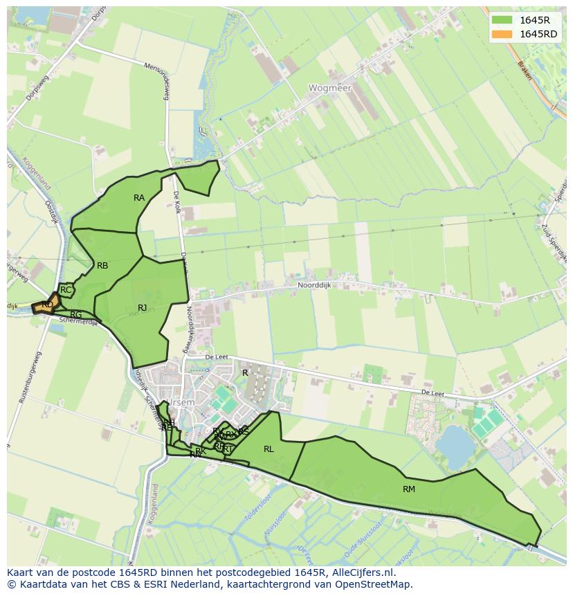 Afbeelding van het postcodegebied 1645 RD op de kaart.