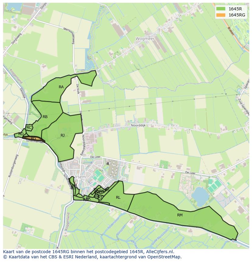 Afbeelding van het postcodegebied 1645 RG op de kaart.