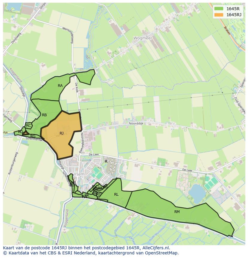 Afbeelding van het postcodegebied 1645 RJ op de kaart.