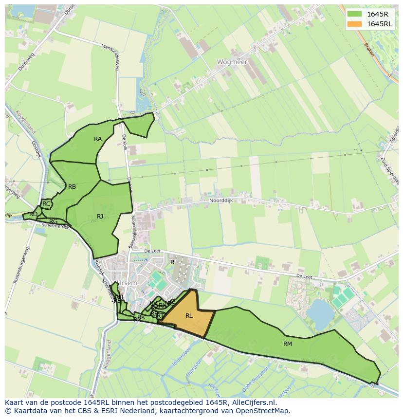 Afbeelding van het postcodegebied 1645 RL op de kaart.