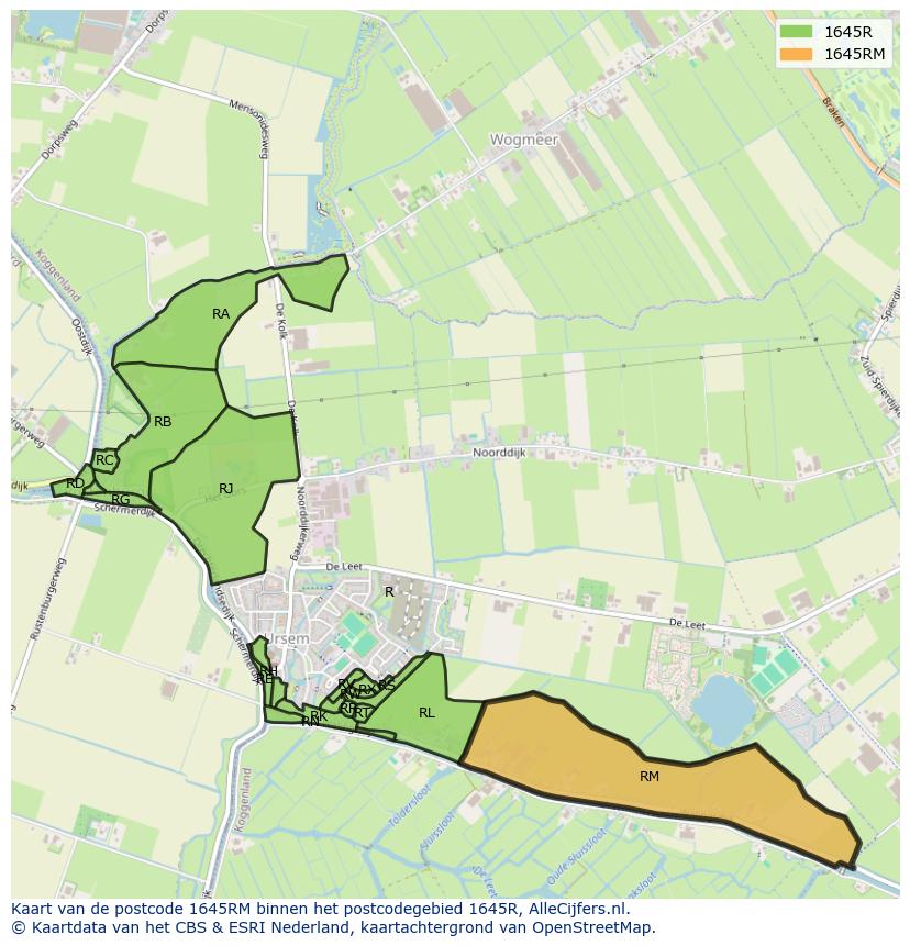 Afbeelding van het postcodegebied 1645 RM op de kaart.