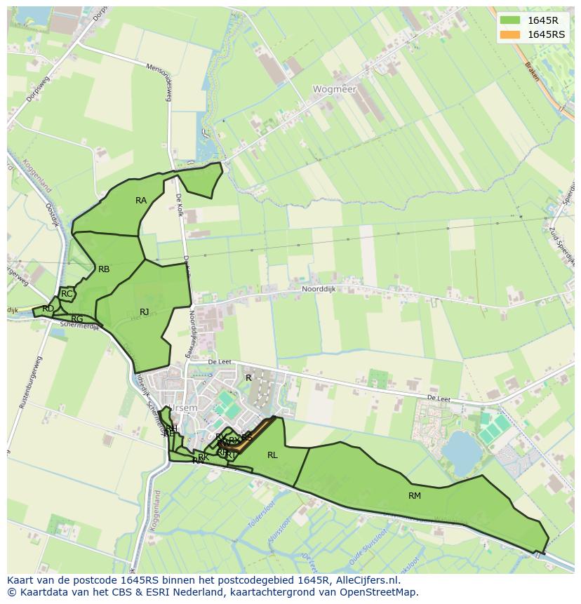 Afbeelding van het postcodegebied 1645 RS op de kaart.