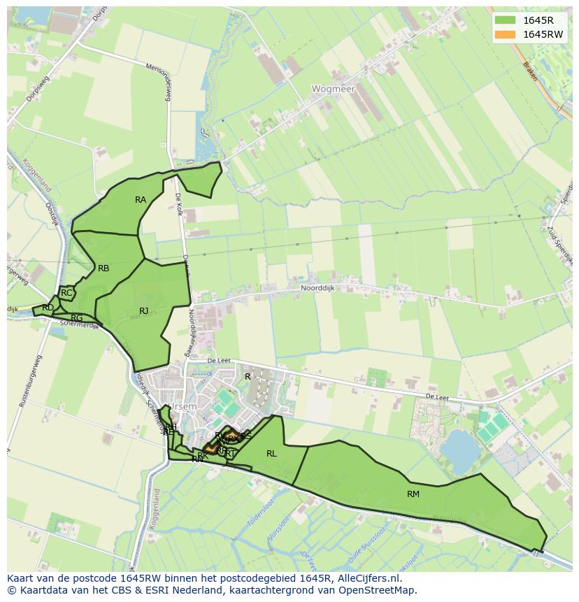 Afbeelding van het postcodegebied 1645 RW op de kaart.