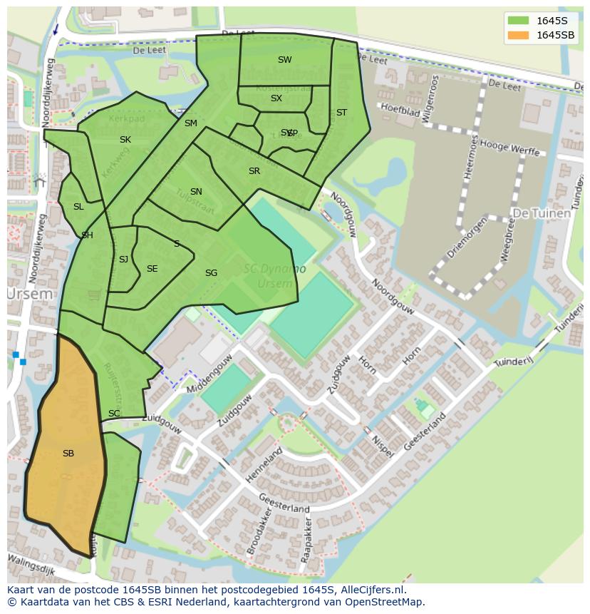 Afbeelding van het postcodegebied 1645 SB op de kaart.