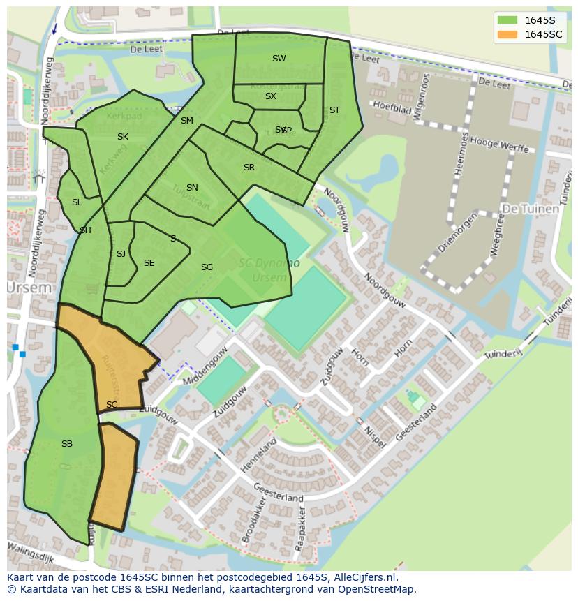 Afbeelding van het postcodegebied 1645 SC op de kaart.