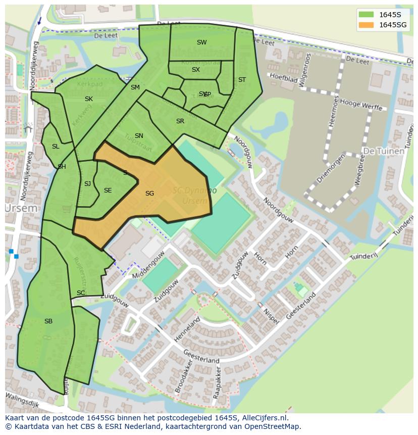 Afbeelding van het postcodegebied 1645 SG op de kaart.
