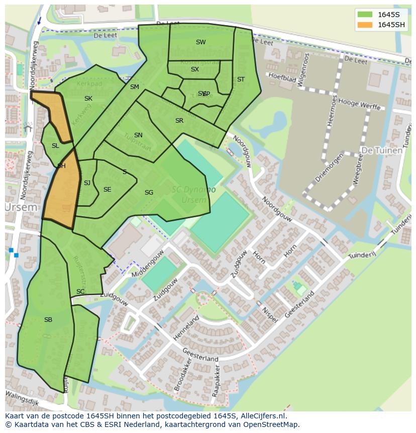 Afbeelding van het postcodegebied 1645 SH op de kaart.
