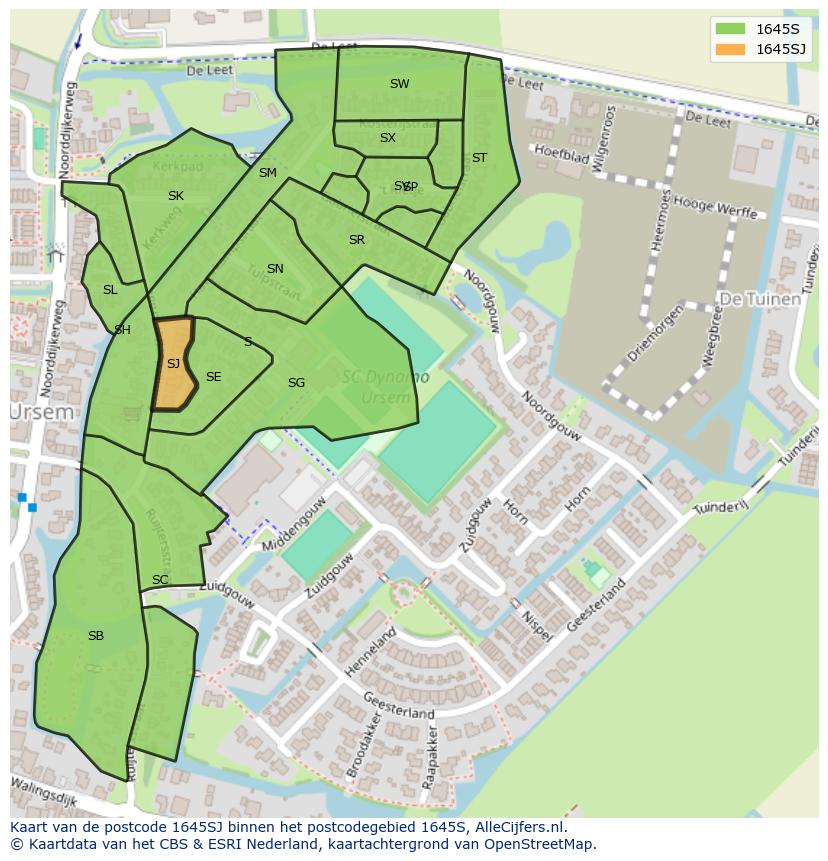 Afbeelding van het postcodegebied 1645 SJ op de kaart.