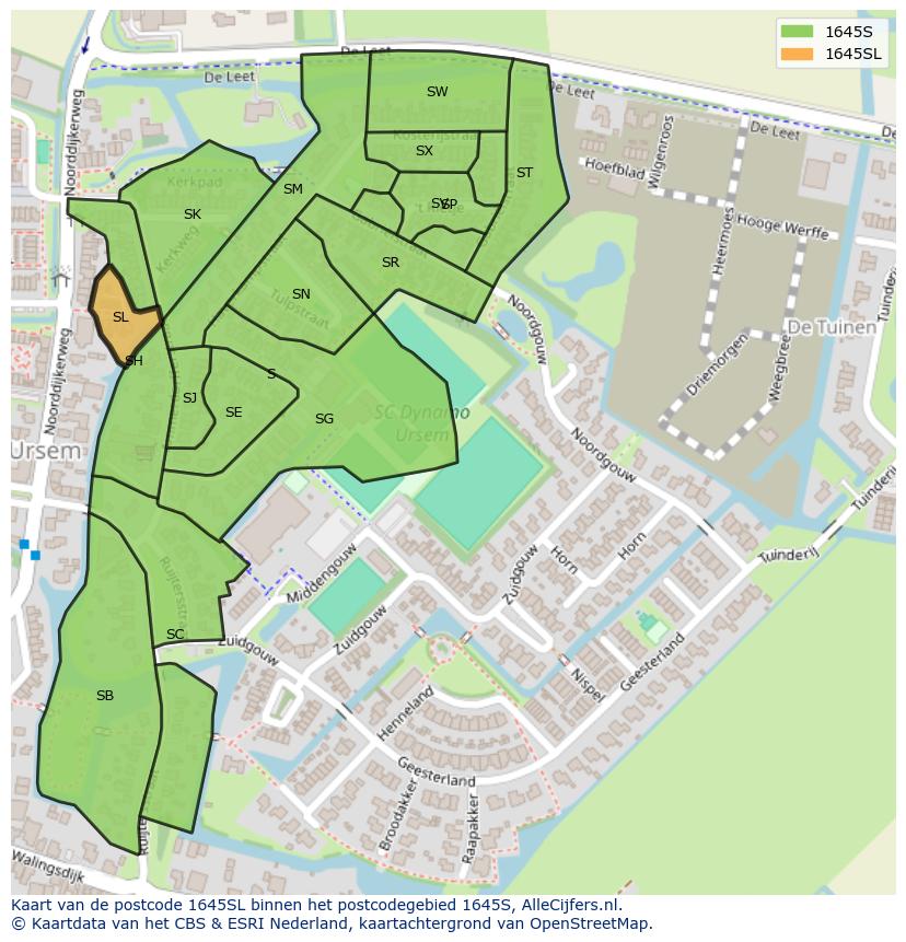 Afbeelding van het postcodegebied 1645 SL op de kaart.