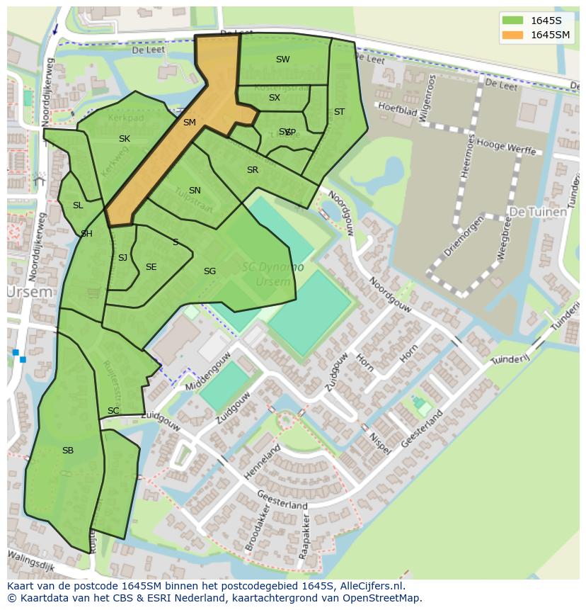 Afbeelding van het postcodegebied 1645 SM op de kaart.