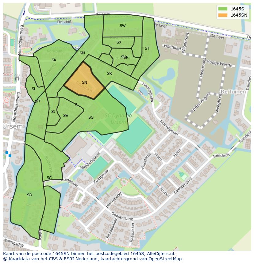 Afbeelding van het postcodegebied 1645 SN op de kaart.