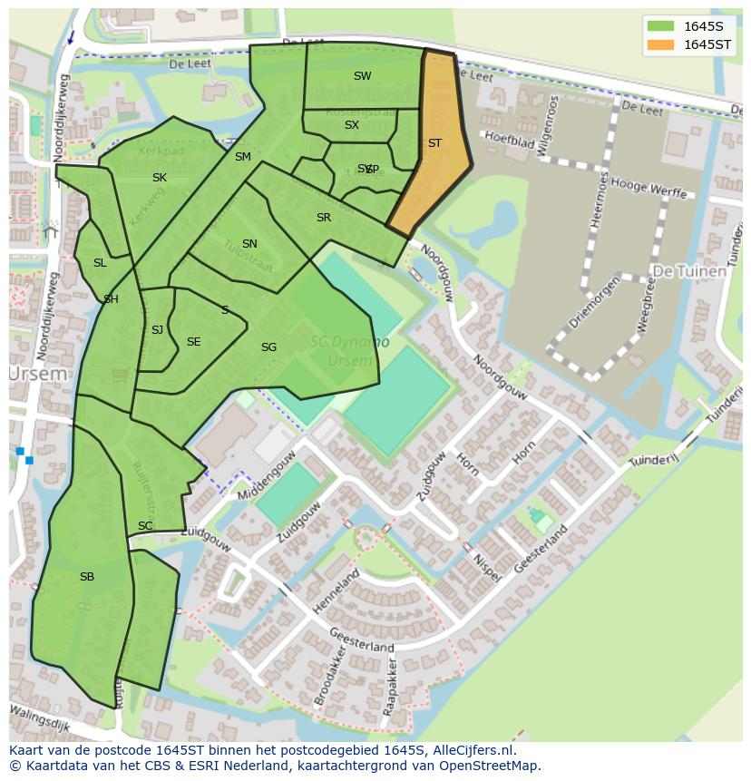 Afbeelding van het postcodegebied 1645 ST op de kaart.