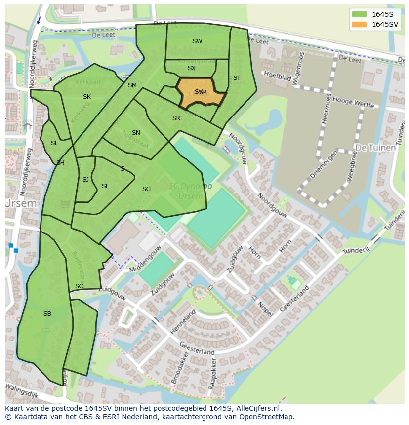 Afbeelding van het postcodegebied 1645 SV op de kaart.