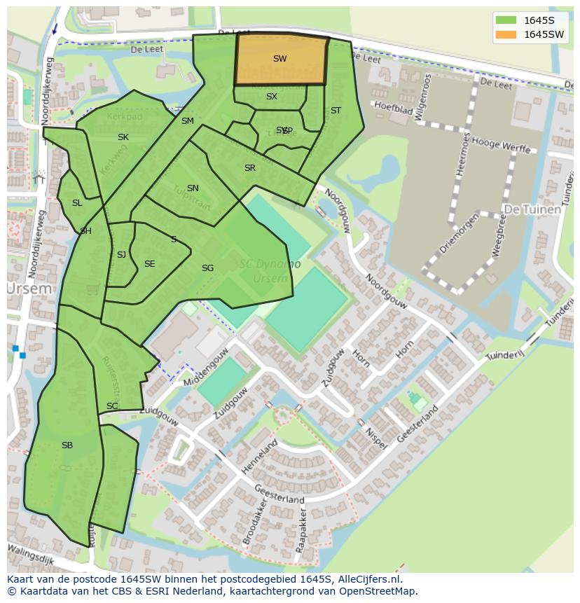 Afbeelding van het postcodegebied 1645 SW op de kaart.