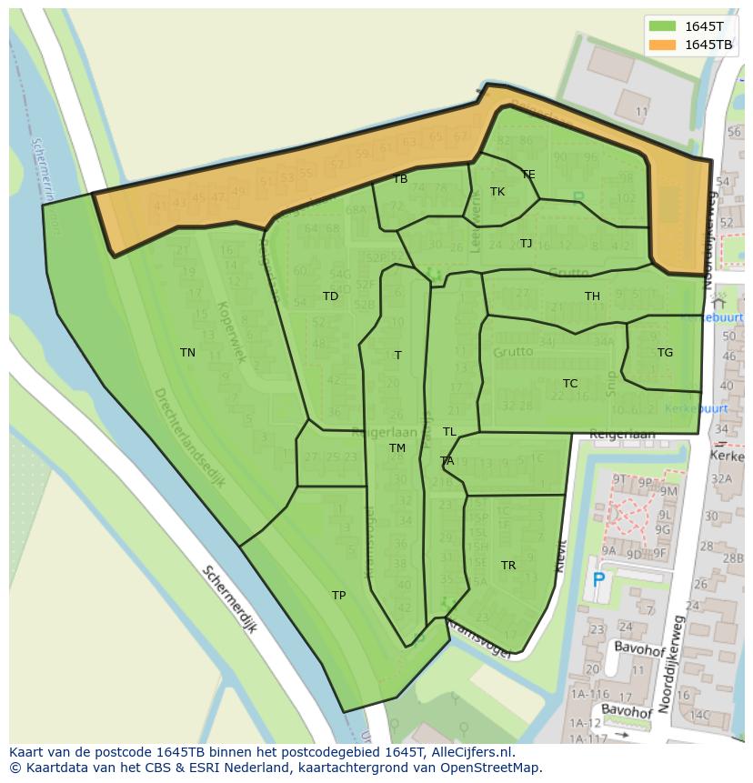 Afbeelding van het postcodegebied 1645 TB op de kaart.