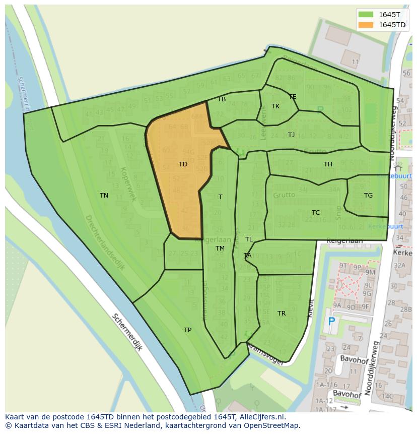Afbeelding van het postcodegebied 1645 TD op de kaart.