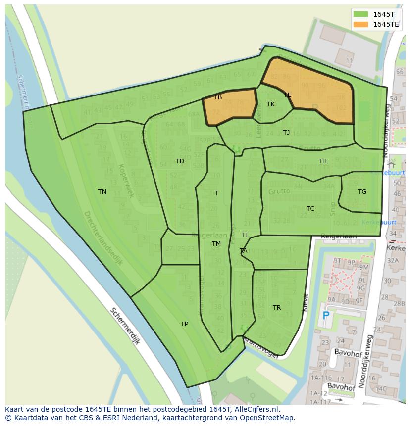 Afbeelding van het postcodegebied 1645 TE op de kaart.