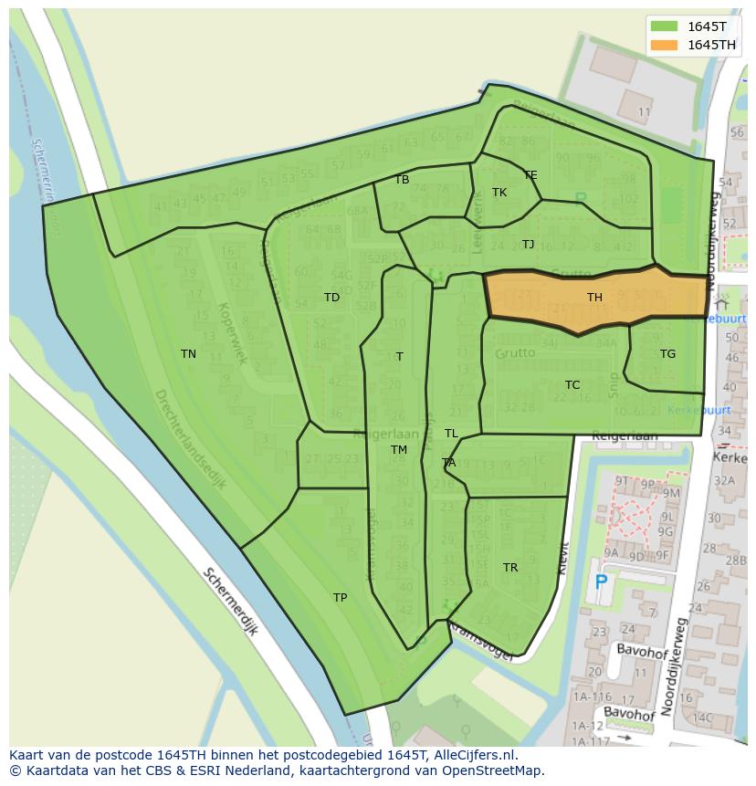 Afbeelding van het postcodegebied 1645 TH op de kaart.