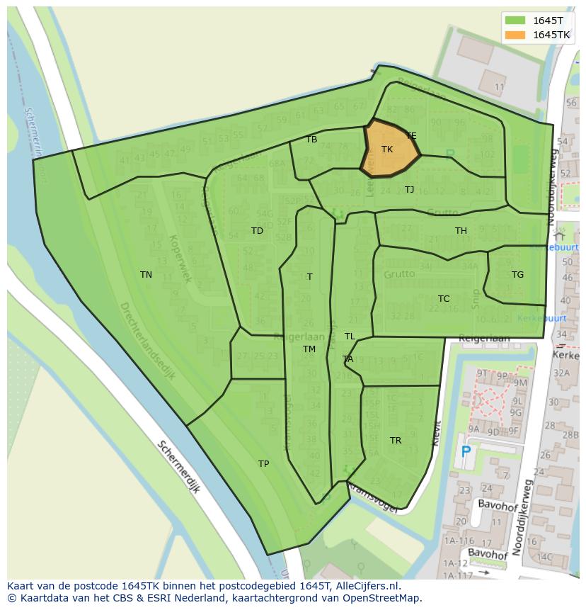 Afbeelding van het postcodegebied 1645 TK op de kaart.
