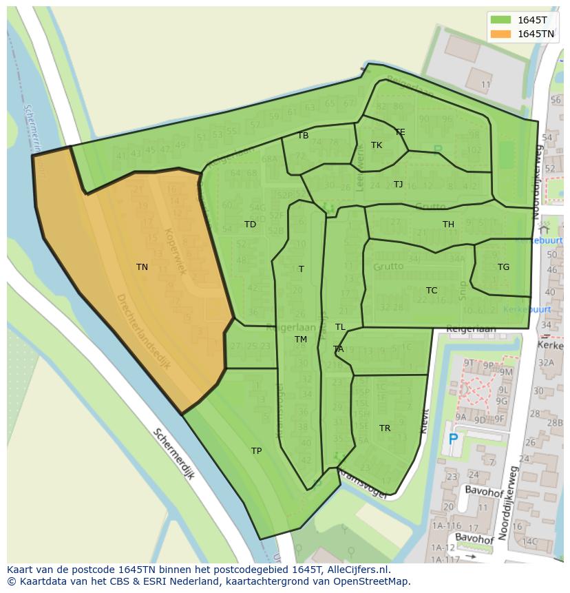 Afbeelding van het postcodegebied 1645 TN op de kaart.
