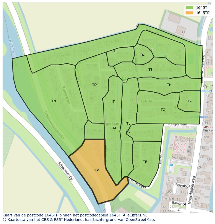 Afbeelding van het postcodegebied 1645 TP op de kaart.