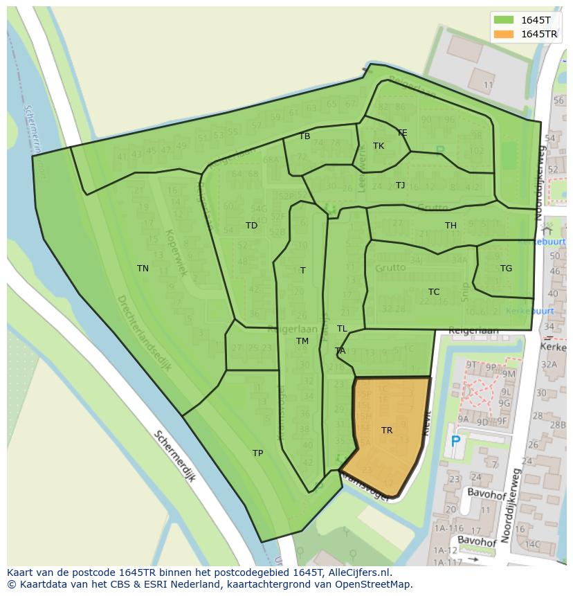 Afbeelding van het postcodegebied 1645 TR op de kaart.